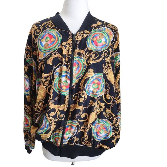 Vintage 80s‎ Gold Baroque Clock Print Bomber Jacket Papéll Too Womens 2X XXL - Picture 1 of 13